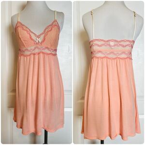 Eberjey Peach Coral Lace Nightgown Babydoll Chemise Slip Dress Nightie Rayon L
